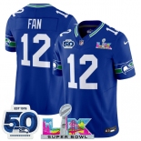 Men's Seattle Seahawks #12 Fan Royal 2025 F.U.S.E. Super Bowl LX Patch And 50th Season Patch Vapor Throwback Limited Football Stitched Jersey