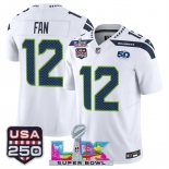 Men's Seattle Seahawks #12 Fan White 2025 F.U.S.E. Super Bowl LX Patch And 50th Season & USA 250' Patch Vapor Limited Football Stitched Jersey