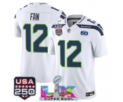 Men's Seattle Seahawks #12 Fan White 2025 F.U.S.E. Super Bowl LX Patch And 50th Season & USA 250' Patch Vapor Limited Football Stitched Jersey