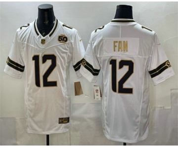 Men's Seattle Seahawks #12 Fan White Gold 2025 FUSE 50th Season Patch Limited Stitched Jersey