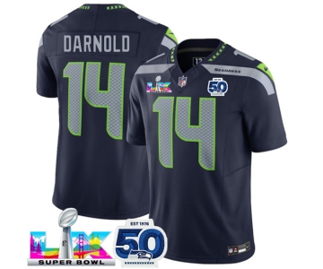 Men's Seattle Seahawks #14 Sam Darnold Navy 2025 F.U.S.E. Super Bowl LX Patch And 50th Season Patch Vapor Limited Football Stitched Jersey