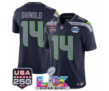 Men's Seattle Seahawks #14 Sam Darnold Navy 2025 F.U.S.E. Super Bowl LX Patch And 50th Season & USA 250' Patch Vapor Throwback Limited Football Stitched Je