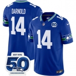 Men's Seattle Seahawks #14 Sam Darnold Royal 2025 F.U.S.E 50th Anniversary Patch Throwback Vapor Limited Football Stitched Jersey