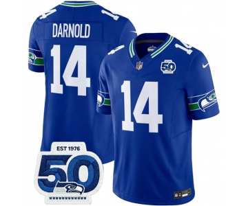 Men's Seattle Seahawks #14 Sam Darnold Royal 2025 F.U.S.E 50th Anniversary Patch Throwback Vapor Limited Football Stitched Jersey