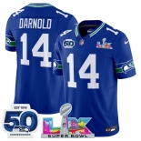 Men's Seattle Seahawks #14 Sam Darnold Royal 2025 F.U.S.E. Super Bowl LX Patch And 50th Season Patch Vapor Throwback Limited Football Stitched Jersey