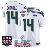 Men's Seattle Seahawks #14 Sam Darnold White 2025 F.U.S.E. Super Bowl LX Patch And 50th Season & USA 250' Patch Vapor Limited Football Stitched Jersey Men's Seattle Seahawks #14 Sam Darnold White 2025 F.U.S.E. Super Bowl LX Patch And 50th Season & USA 250' Patch Vapor Limited Football Stitched Jersey