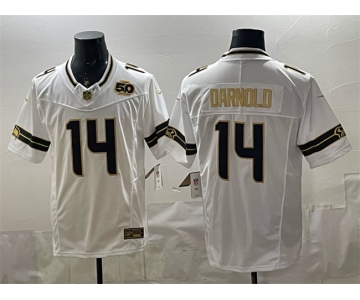 Men's Seattle Seahawks #14 Sam Darnold White Gold 2025 F.U.S.E. 50th Season Patch Vapor Limited Stitched Football Jersey