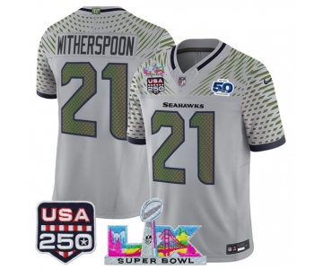 Men's Seattle Seahawks #21 Devon Witherspoon Gray 2025 F.U.S.E. Super Bowl LX & US 250th anniversary Patch And 50th Season Patch “Rivalries” Vapor Limited 