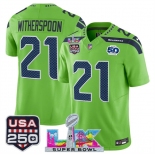 Men's Seattle Seahawks #21 Devon Witherspoon Green 2025 F.U.S.E. Super Bowl LX Patch And 50th Season & USA 250' Patch Vapor Limited Football Stitched Jerse