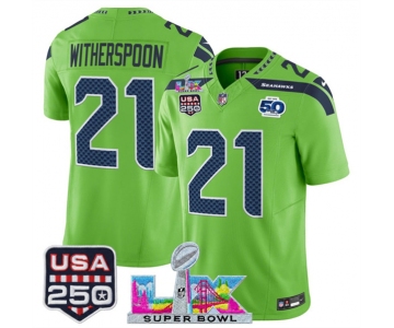 Men's Seattle Seahawks #21 Devon Witherspoon Green 2025 F.U.S.E. Super Bowl LX Patch And 50th Season & USA 250' Patch Vapor Limited Football Stitched Jerse