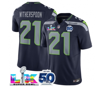 Men's Seattle Seahawks #21 Devon Witherspoon Navy 2025 F.U.S.E. Super Bowl LX Patch And 50th Season Patch Vapor Limited Football Stitched Jersey