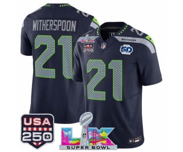 Men's Seattle Seahawks #21 Devon Witherspoon Navy 2025 F.U.S.E. Super Bowl LX Patch And 50th Season & USA 250' Patch Vapor Limited Football Stitched Jersey