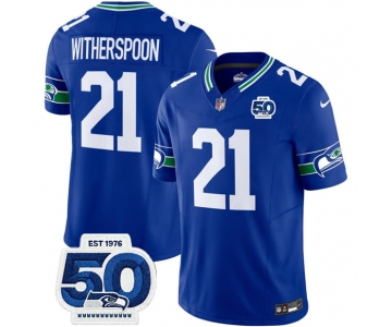 Men's Seattle Seahawks #21 Devon Witherspoon Royal 2025 F.U.S.E 50th Anniversary Patch Throwback Vapor Limited Football Stitched Jersey