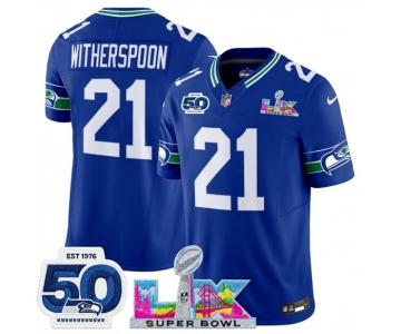 Men's Seattle Seahawks #21 Devon Witherspoon Royal 2025 F.U.S.E. Super Bowl LX Patch And 50th Season Patch Vapor Throwback Limited Football Stitched Jersey
