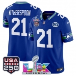 Men's Seattle Seahawks #21 Devon Witherspoon Royal 2025 F.U.S.E. Super Bowl LX Patch And 50th Season & USA 250' Patch Vapor Throwback Limited Football Stit Men's Seattle Seahawks #21 Devon Witherspoon Royal 2025 F.U.S.E. Super Bowl LX Patch And 50th Season & USA 250' Patch Vapor Throwback Limited Football Stit