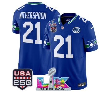 Men's Seattle Seahawks #21 Devon Witherspoon Royal 2025 F.U.S.E. Super Bowl LX Patch And 50th Season & USA 250' Patch Vapor Throwback Limited Football Stit
