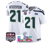 Men's Seattle Seahawks #21 Devon Witherspoon White 2025 F.U.S.E. Super Bowl LX Patch And 50th Season & USA 250' Patch Vapor Limited Football Stitched Jerse