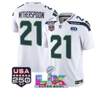Men's Seattle Seahawks #21 Devon Witherspoon White 2025 F.U.S.E. Super Bowl LX Patch And 50th Season & USA 250' Patch Vapor Limited Football Stitched Jerse