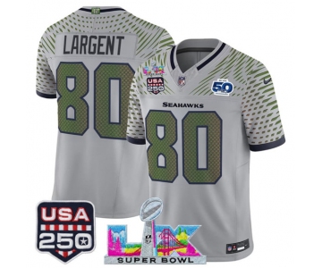 Men's Seattle Seahawks #80 Steve Largent Gray 2025 F.U.S.E. Super Bowl LX & US 250th anniversary Patch And 50th Season Patch “Rivalries” Vapor Limited Foot