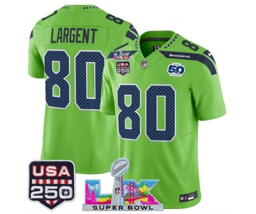 Men's Seattle Seahawks #80 Steve Largent Green 2025 F.U.S.E. Super Bowl LX Patch And 50th Season & USA 250' Patch Vapor Limited Football Stitched Jersey