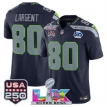 Men's Seattle Seahawks #80 Steve Largent Navy 2025 F.U.S.E. Super Bowl LX Patch And 50th Season & USA 250' Patch Vapor Limited Football Stitched Jersey