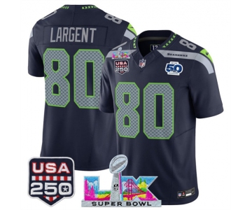 Men's Seattle Seahawks #80 Steve Largent Navy 2025 F.U.S.E. Super Bowl LX Patch And 50th Season & USA 250' Patch Vapor Limited Football Stitched Jersey