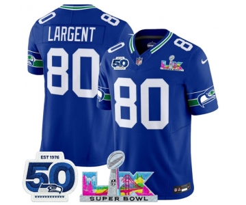 Men's Seattle Seahawks #80 Steve Largent Royal 2025 F.U.S.E. Super Bowl LX Patch And 50th Season Patch Vapor Throwback Limited Football Stitched Jersey