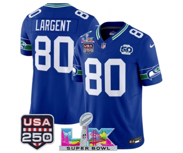 Men's Seattle Seahawks #80 Steve Largent Royal 2025 F.U.S.E. Super Bowl LX Patch And 50th Season & USA 250' Patch Vapor Throwback Limited Football Stitched