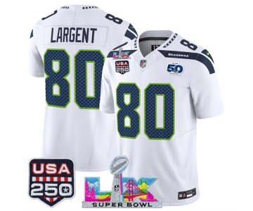Men's Seattle Seahawks #80 Steve Largent White 2025 F.U.S.E. Super Bowl LX Patch And 50th Season & USA 250' Patch Vapor Limited Football Stitched Jersey