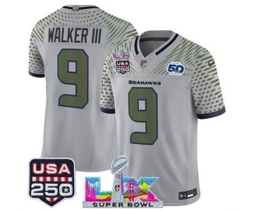 Men's Seattle Seahawks #9 Kenneth Walker III Gray 2025 F.U.S.E. Super Bowl LX & US 250th anniversary Patch And 50th Season Patch “Rivalries” Vapor Limited 