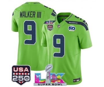 Men's Seattle Seahawks #9 Kenneth Walker III Green 2025 F.U.S.E. Super Bowl LX Patch And 50th Season & USA 250' Patch Vapor Limited Football Stitched Jerse