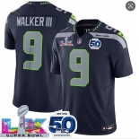 Men's Seattle Seahawks #9 Kenneth Walker III Navy 2025 F.U.S.E. Super Bowl LX Patch And 50th Season Patch Vapor Limited Football Stitched Jersey