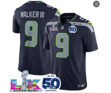 Men's Seattle Seahawks #9 Kenneth Walker III Navy 2025 F.U.S.E. Super Bowl LX Patch And 50th Season Patch Vapor Limited Football Stitched Jersey