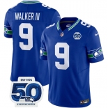 Men's Seattle Seahawks #9 Kenneth Walker III Royal 2025 F.U.S.E 50th Anniversary Patch Throwback Vapor Limited Football Stitched Jersey