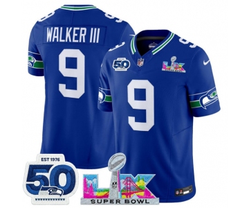 Men's Seattle Seahawks #9 Kenneth Walker III Royal 2025 F.U.S.E. Super Bowl LX Patch And 50th Season Patch Vapor Throwback Limited Football Stitched Jersey