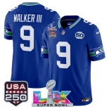 Men's Seattle Seahawks #9 Kenneth Walker III Royal 2025 F.U.S.E. Super Bowl LX Patch And 50th Season & USA 250' Patch Vapor Throwback Limited Football Stit Men's Seattle Seahawks #9 Kenneth Walker III Royal 2025 F.U.S.E. Super Bowl LX Patch And 50th Season & USA 250' Patch Vapor Throwback Limited Football Stit