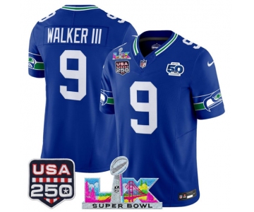 Men's Seattle Seahawks #9 Kenneth Walker III Royal 2025 F.U.S.E. Super Bowl LX Patch And 50th Season & USA 250' Patch Vapor Throwback Limited Football Stit