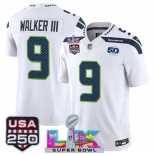 Men's Seattle Seahawks #9 Kenneth Walker III White 2025 F.U.S.E. Super Bowl LX Patch And 50th Season & USA 250' Patch Vapor Limited Football Stitched Jerse