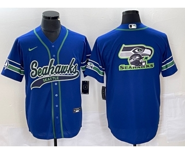 Men's Seattle Seahawks Big Logo Blue With Patch Cool Base Stitched Baseball Jersey