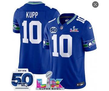 Men's Seattle Seahawks#10 Cooper Kupp Royal 2025 F.U.S.E. Super Bowl LX Patch And 50th Season Patch Vapor Throwback Limited Football Stitched Jersey