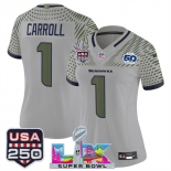 Women's Seattle Seahawks #1 Pete Carroll Gray 2025 F.U.S.E. Super Bowl LX & US 250th anniversary Patch And 50th Season Patch “Rivalries” Vapor Limited Foot