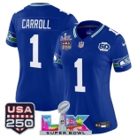 Women's Seattle Seahawks #1 Pete Carroll Royal 2025 F.U.S.E. Super Bowl LX Patch And 50th Season & USA 250' Patch Vapor Throwback Limited Stitched Football