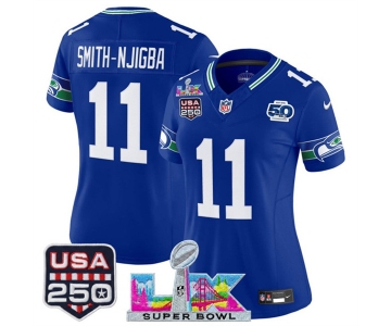 Women's Seattle Seahawks #11 Jaxon Smith-Njigba Royal 2025 F.U.S.E. Super Bowl LX Patch And 50th Season & USA 250' Patch Vapor Throwback Limited Stitched F