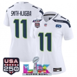 Women's Seattle Seahawks #11 Jaxon Smith-Njigba White 2025 F.U.S.E. Super Bowl LX Patch And 50th Season & USA 250' Patch Vapor Limited Football Stitched Je