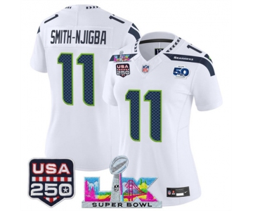Women's Seattle Seahawks #11 Jaxon Smith-Njigba White 2025 F.U.S.E. Super Bowl LX Patch And 50th Season & USA 250' Patch Vapor Limited Football Stitched Je