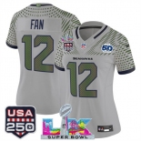 Women's Seattle Seahawks #12 Fan Gray 2025 F.U.S.E. Super Bowl LX & US 250th anniversary Patch And 50th Season Patch “Rivalries” Vapor Limited Football Sti