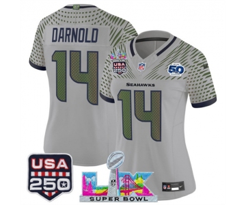 Women's Seattle Seahawks #14 Sam Darnold Gray 2025 F.U.S.E. Super Bowl LX & US 250th anniversary Patch And 50th Season Patch “Rivalries” Vapor Limited Foot