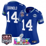 Women's Seattle Seahawks #14 Sam Darnold Royal 2025 F.U.S.E. Super Bowl LX Patch And 50th Season & USA 250' Patch Vapor Throwback Limited Stitched Football Women's Seattle Seahawks #14 Sam Darnold Royal 2025 F.U.S.E. Super Bowl LX Patch And 50th Season & USA 250' Patch Vapor Throwback Limited Stitched Football