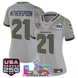 Women's Seattle Seahawks #21 Devon Witherspoon Gray 2025 F.U.S.E. Super Bowl LX & US 250th anniversary Patch And 50th Season Patch “Rivalries” Vapor Limite