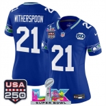 Women's Seattle Seahawks #21 Devon Witherspoon Royal 2025 F.U.S.E. Super Bowl LX Patch And 50th Season & USA 250' Patch Vapor Throwback Limited Stitched Fo
